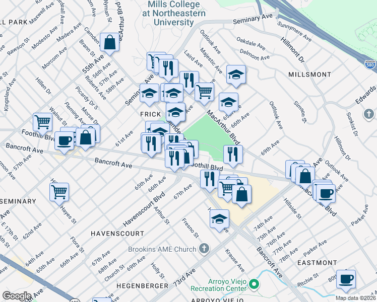map of restaurants, bars, coffee shops, grocery stores, and more near 6450 Camden Street in Oakland