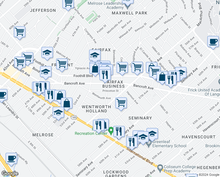 map of restaurants, bars, coffee shops, grocery stores, and more near 5407 Bancroft Avenue in Oakland