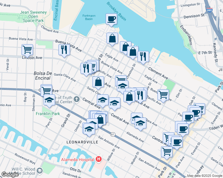 map of restaurants, bars, coffee shops, grocery stores, and more near 1537 Schiller Street in Alameda