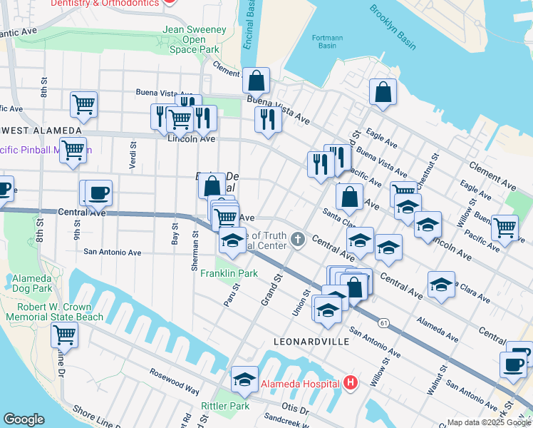 map of restaurants, bars, coffee shops, grocery stores, and more near 1418 Cottage Street in Alameda