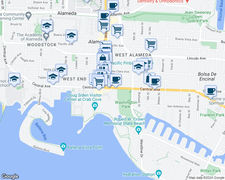 map of restaurants, bars, coffee shops, grocery stores, and more near 731 Central Avenue in Alameda