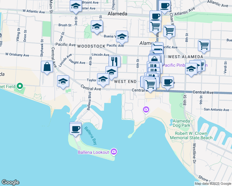 map of restaurants, bars, coffee shops, grocery stores, and more near in Alameda