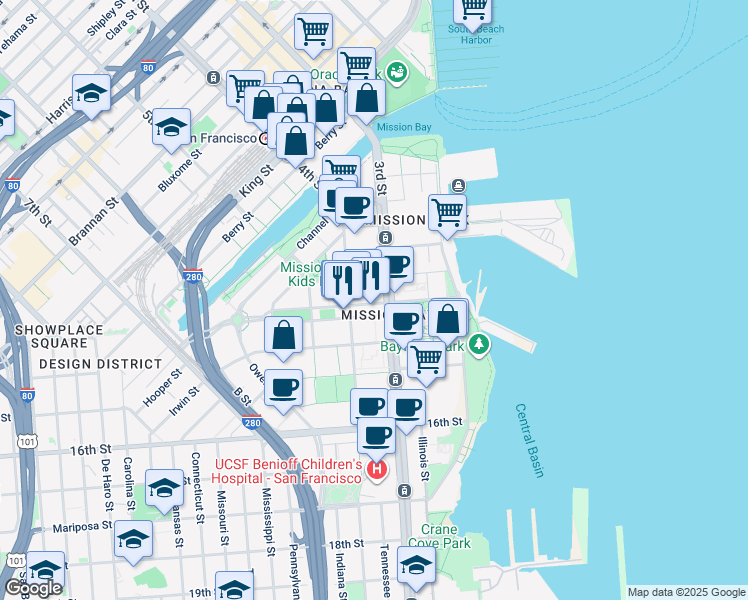 map of restaurants, bars, coffee shops, grocery stores, and more near 1355 3rd Street in San Francisco