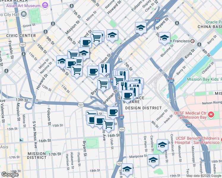 map of restaurants, bars, coffee shops, grocery stores, and more near 888 Brannan Street in San Francisco