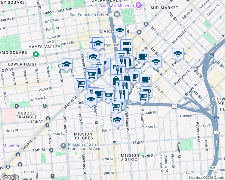 map of restaurants, bars, coffee shops, grocery stores, and more near 1655 Mission Street in San Francisco