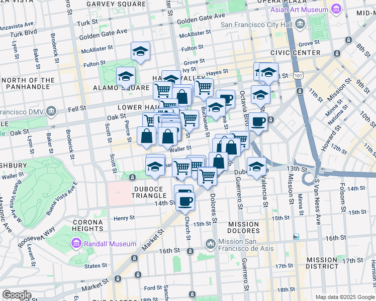 map of restaurants, bars, coffee shops, grocery stores, and more near 100 Webster Street in San Francisco