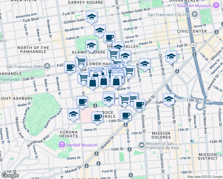 map of restaurants, bars, coffee shops, grocery stores, and more near 215 Steiner Street in San Francisco