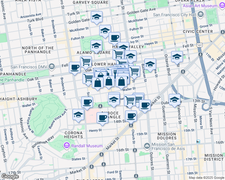 map of restaurants, bars, coffee shops, grocery stores, and more near 215 Steiner Street in San Francisco