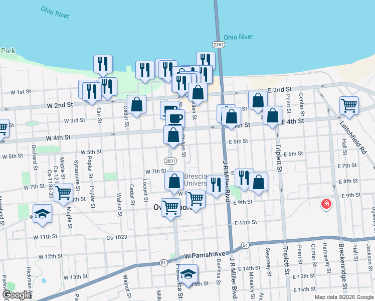 map of restaurants, bars, coffee shops, grocery stores, and more near in Owensboro