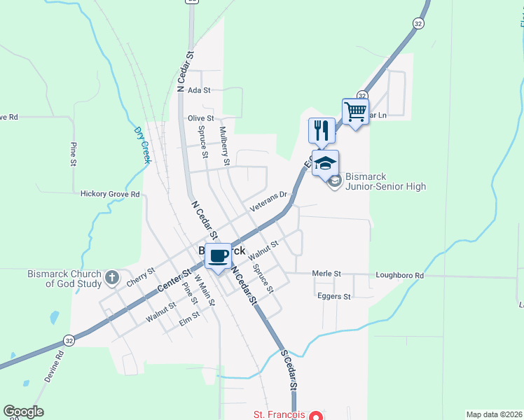 map of restaurants, bars, coffee shops, grocery stores, and more near 636 Veterans Drive in Bismarck