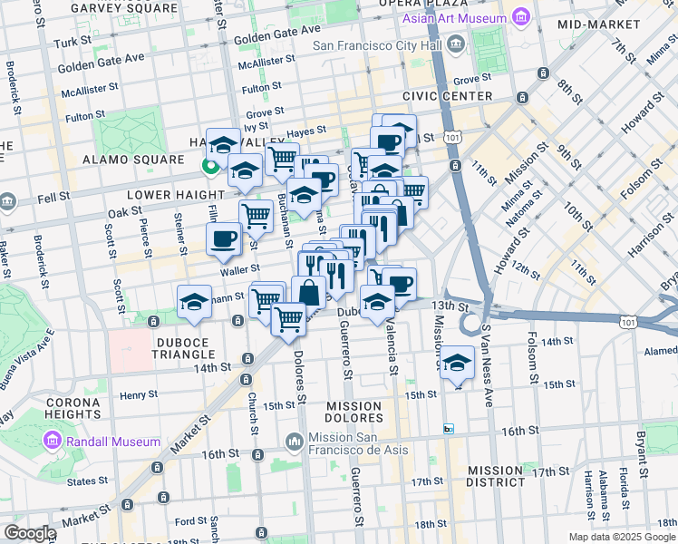 map of restaurants, bars, coffee shops, grocery stores, and more near 75 Laguna Street in San Francisco