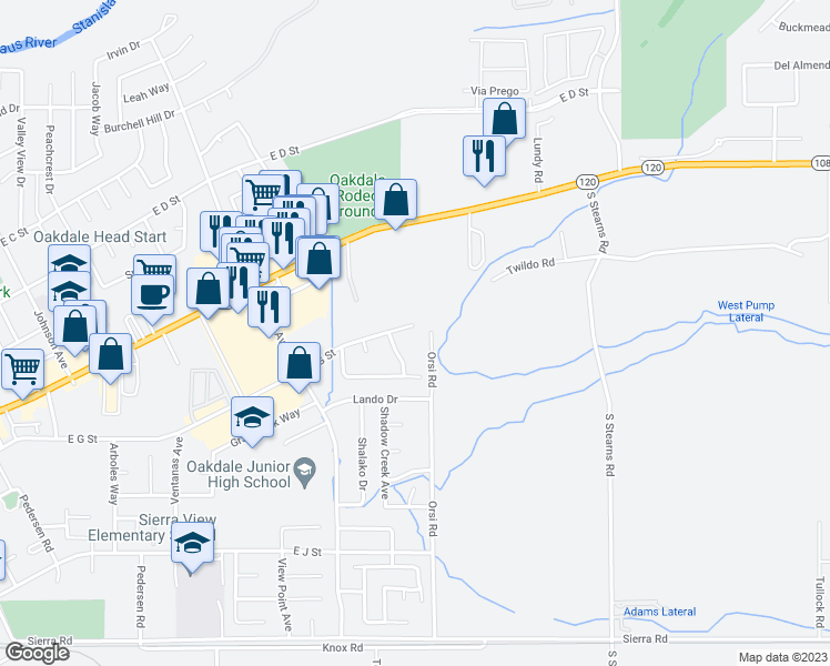 map of restaurants, bars, coffee shops, grocery stores, and more near 1757 East G Street in Oakdale