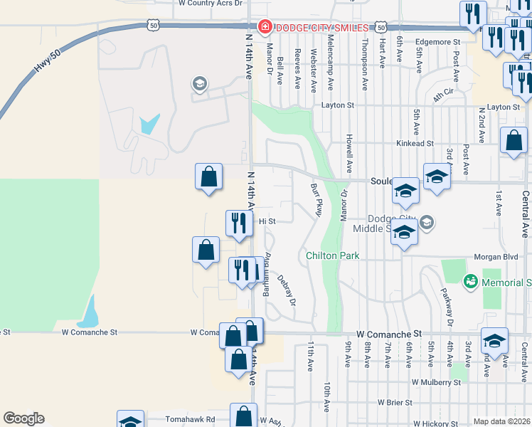 map of restaurants, bars, coffee shops, grocery stores, and more near 1422 Highland Terrace in Dodge City