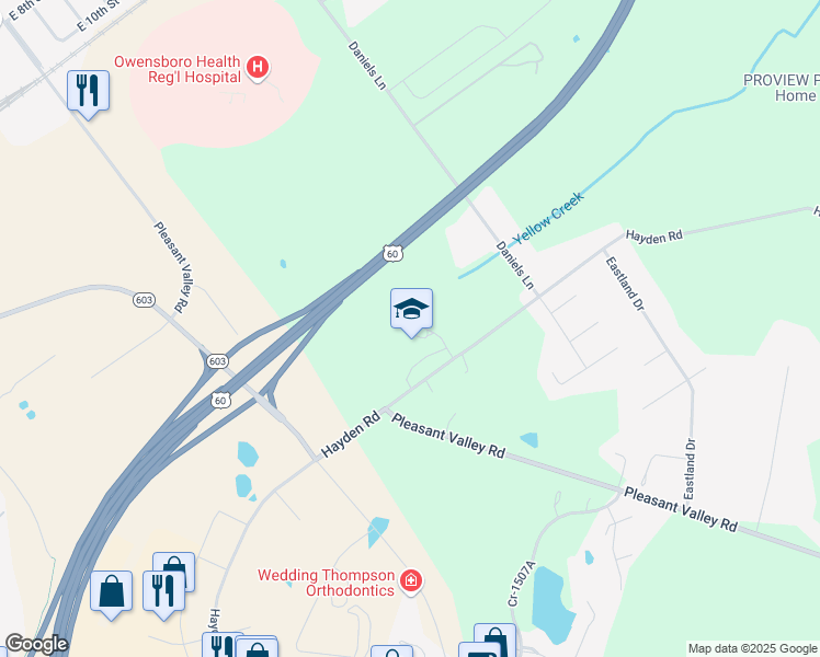 map of restaurants, bars, coffee shops, grocery stores, and more near 3500 Hayden Road in Owensboro