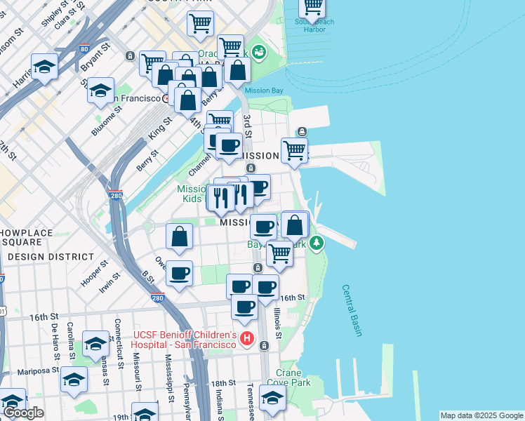 map of restaurants, bars, coffee shops, grocery stores, and more near 480 Mission Bay Boulevard North in San Francisco