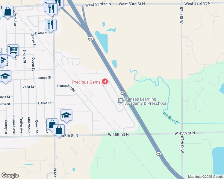 map of restaurants, bars, coffee shops, grocery stores, and more near 531 South Longbranch Drive in Maize