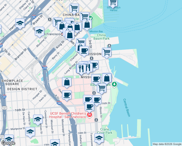 map of restaurants, bars, coffee shops, grocery stores, and more near 540 Mission Bay Boulevard North in San Francisco