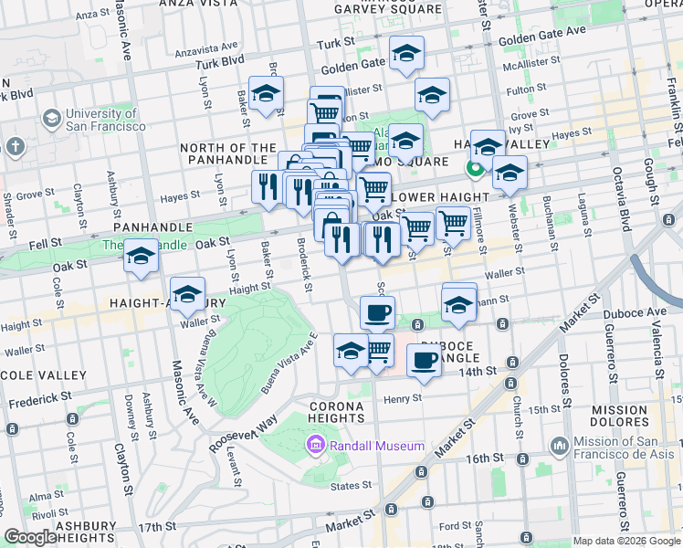 map of restaurants, bars, coffee shops, grocery stores, and more near Divisadero St & Haight St in San Francisco