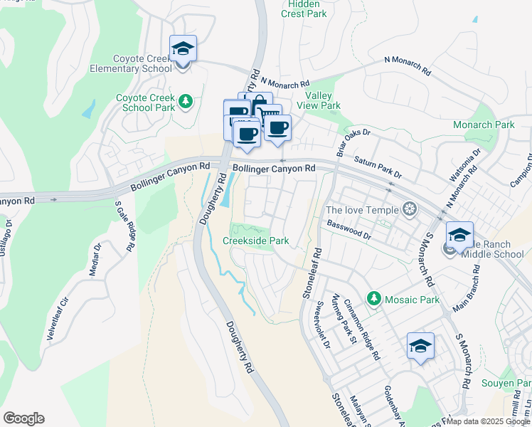 map of restaurants, bars, coffee shops, grocery stores, and more near Brookcliff Circle in San Ramon