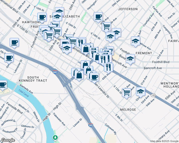 map of restaurants, bars, coffee shops, grocery stores, and more near 1019 High Street in Oakland