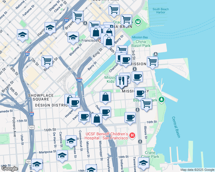 map of restaurants, bars, coffee shops, grocery stores, and more near 701 China Basin Street in San Francisco