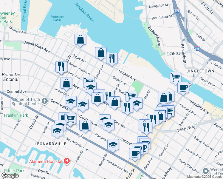 map of restaurants, bars, coffee shops, grocery stores, and more near 2065 Buena Vista Avenue in Alameda