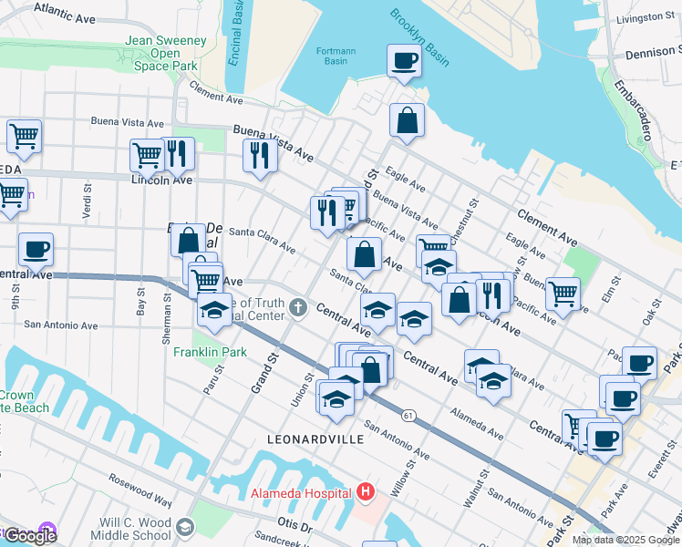 map of restaurants, bars, coffee shops, grocery stores, and more near in Alameda