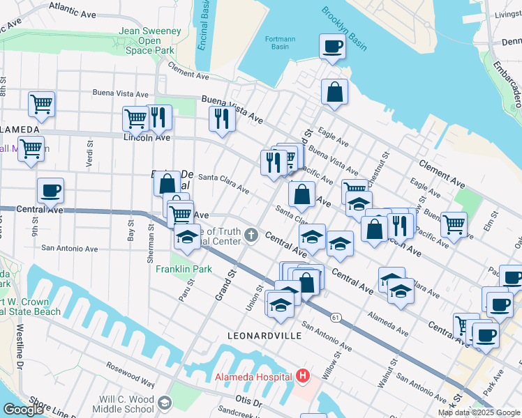 map of restaurants, bars, coffee shops, grocery stores, and more near in Alameda