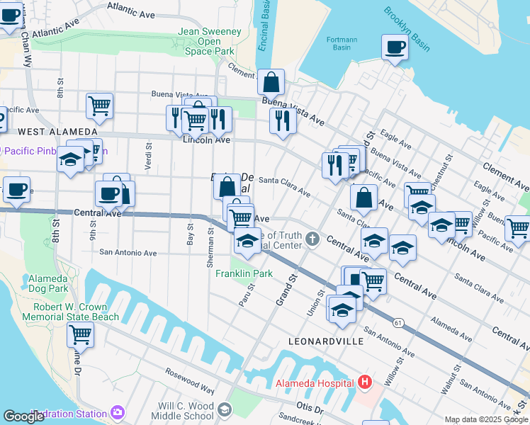 map of restaurants, bars, coffee shops, grocery stores, and more near 1410 Benton Street in Alameda