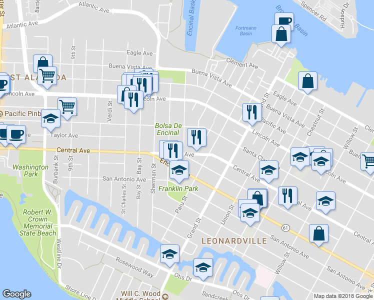 map of restaurants, bars, coffee shops, grocery stores, and more near 1410 Benton Street in Alameda