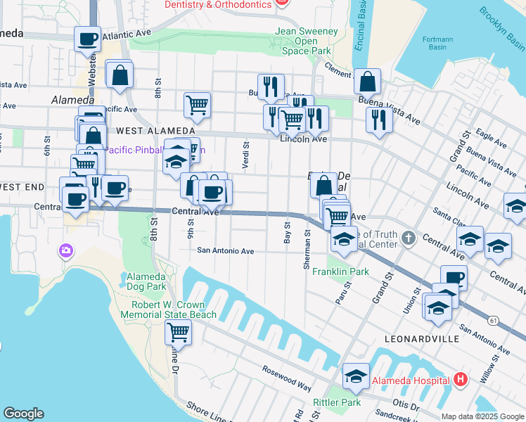 map of restaurants, bars, coffee shops, grocery stores, and more near 1035 Central Avenue in Alameda