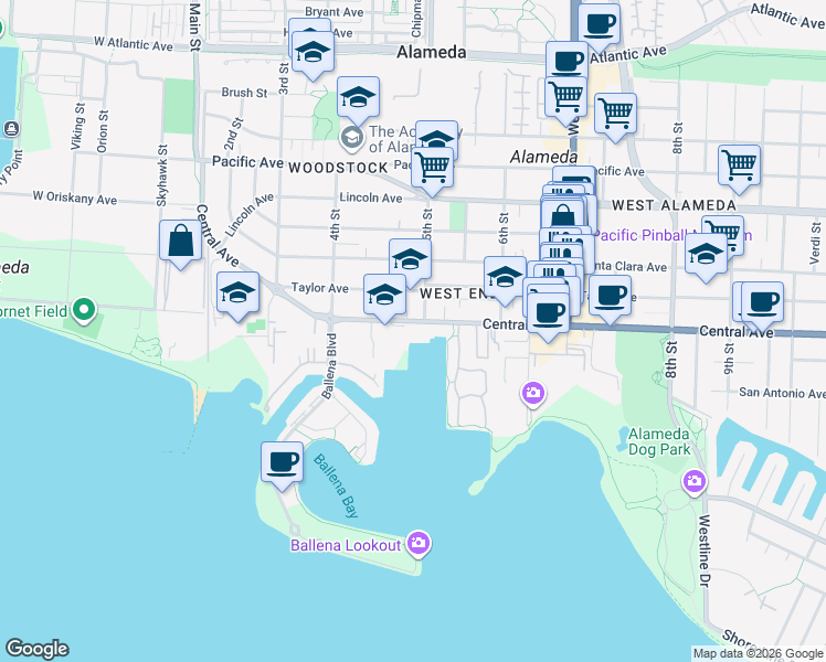 map of restaurants, bars, coffee shops, grocery stores, and more near in Alameda