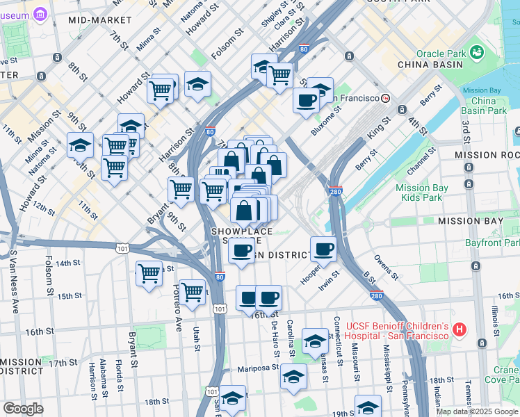 map of restaurants, bars, coffee shops, grocery stores, and more near 650 Townsend Street in San Francisco