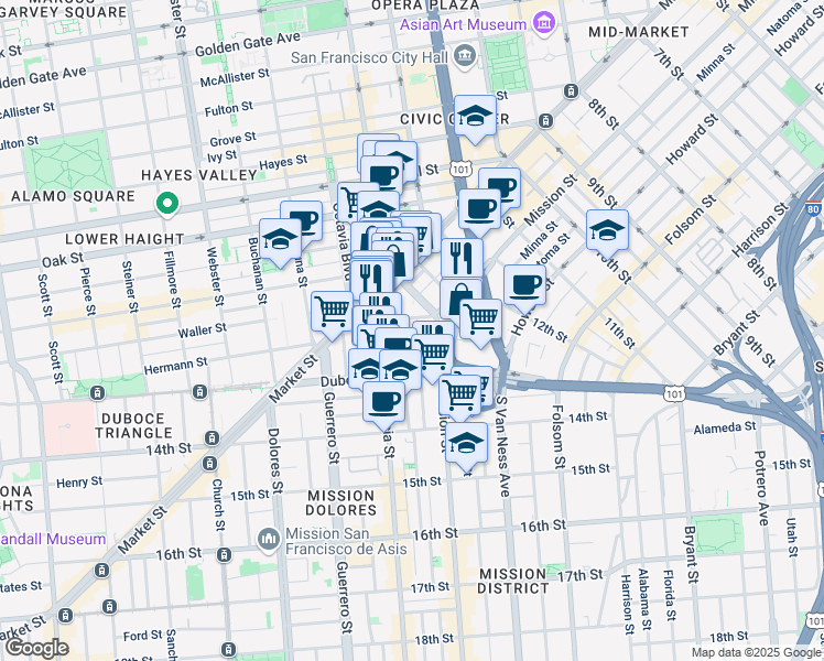 map of restaurants, bars, coffee shops, grocery stores, and more near in San Francisco