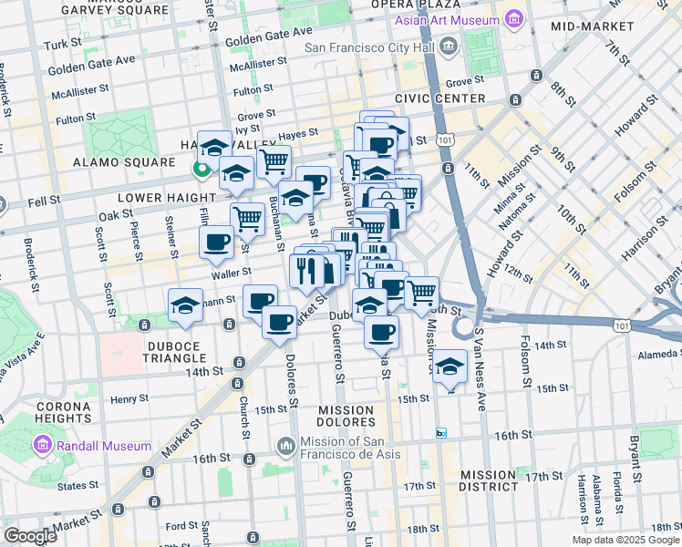 map of restaurants, bars, coffee shops, grocery stores, and more near 1874 Market Street in San Francisco