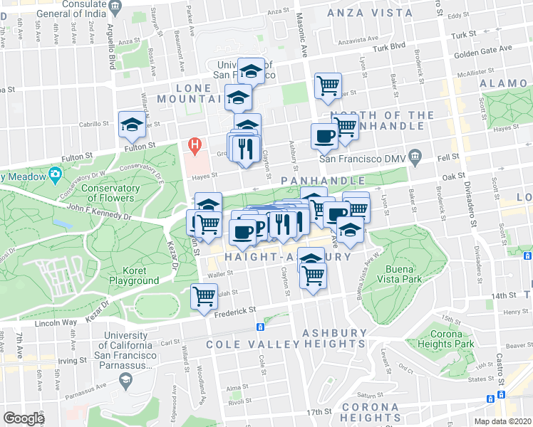 map of restaurants, bars, coffee shops, grocery stores, and more near 1817 Oak Street in San Francisco
