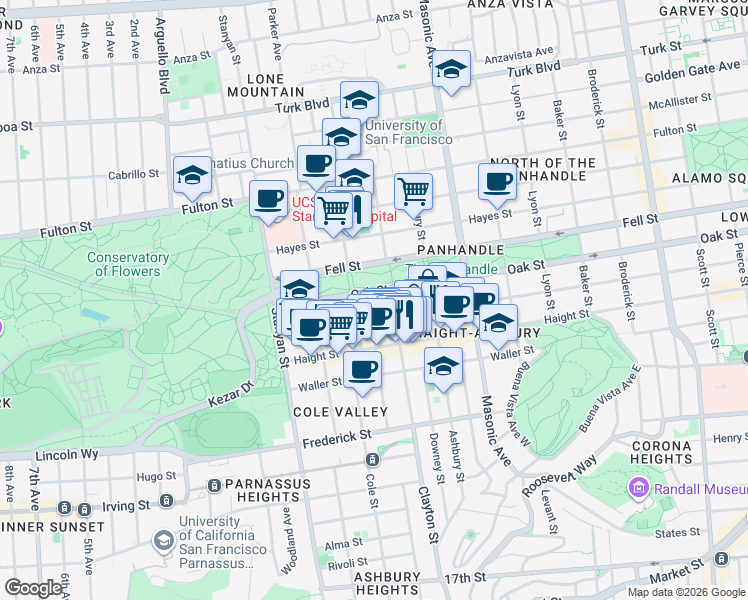 map of restaurants, bars, coffee shops, grocery stores, and more near 1817 Oak Street in San Francisco
