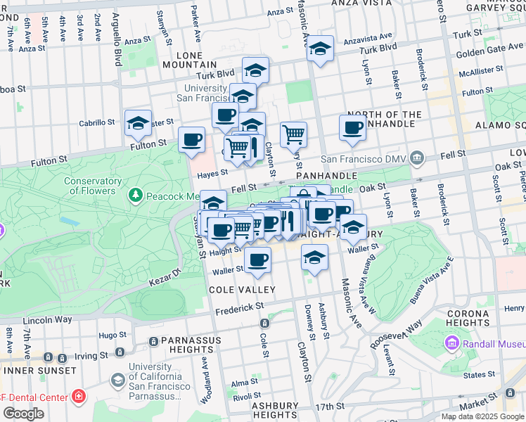 map of restaurants, bars, coffee shops, grocery stores, and more near 1817 Oak Street in San Francisco