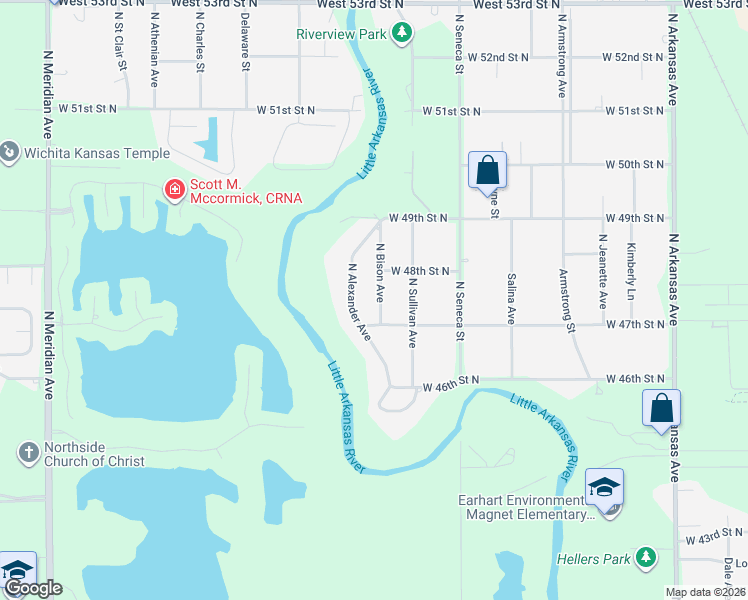 map of restaurants, bars, coffee shops, grocery stores, and more near 4836 Bison Street in Wichita