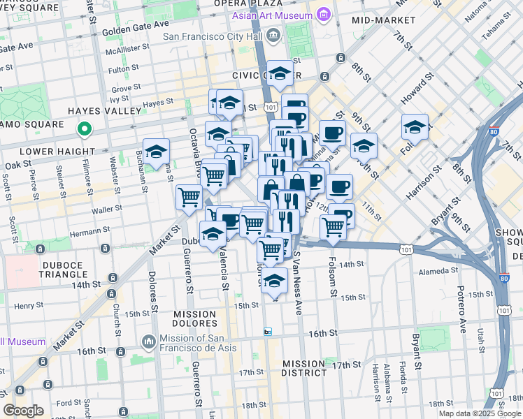 map of restaurants, bars, coffee shops, grocery stores, and more near 1660 Mission Street in San Francisco