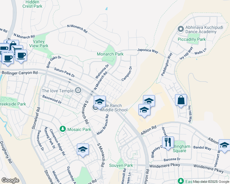 map of restaurants, bars, coffee shops, grocery stores, and more near 3221 Browntail Way in San Ramon