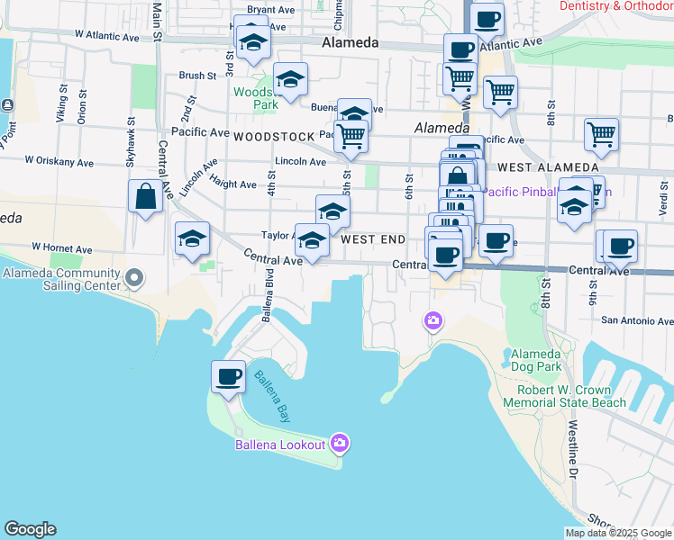 map of restaurants, bars, coffee shops, grocery stores, and more near 470 Central Avenue in Alameda