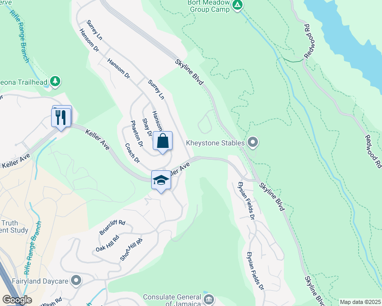 map of restaurants, bars, coffee shops, grocery stores, and more near 8190 Surrey Lane in Oakland