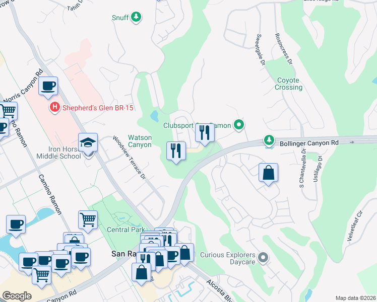 map of restaurants, bars, coffee shops, grocery stores, and more near 1101 Vista Pointe Circle in San Ramon