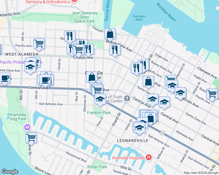 map of restaurants, bars, coffee shops, grocery stores, and more near 1401 Cottage Street in Alameda