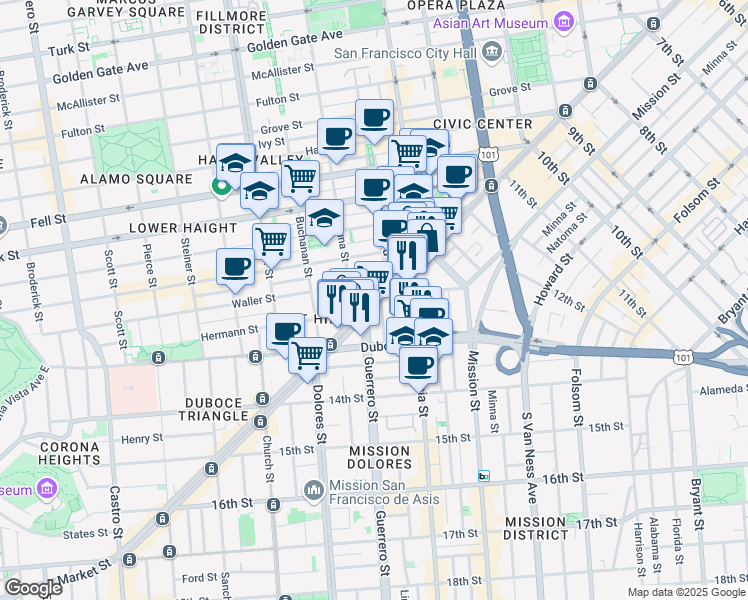 map of restaurants, bars, coffee shops, grocery stores, and more near 1844 Market Street in San Francisco