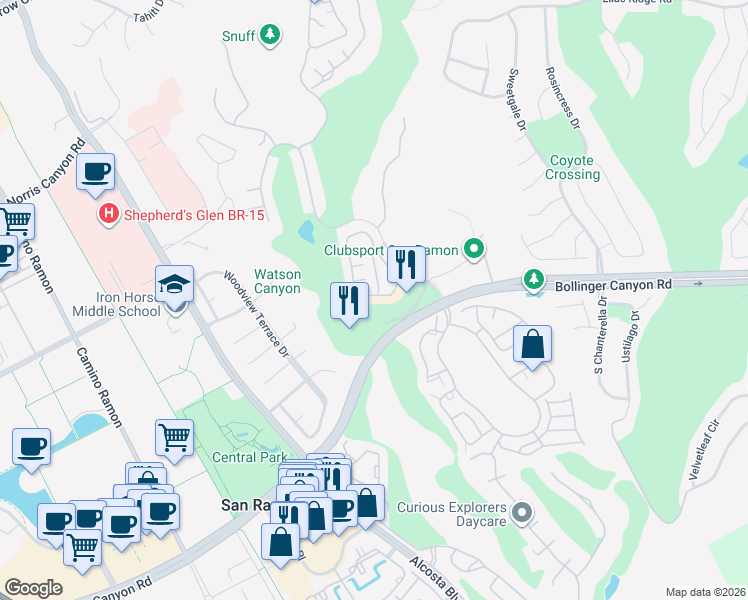 map of restaurants, bars, coffee shops, grocery stores, and more near 1086 Vista Pointe Circle in San Ramon
