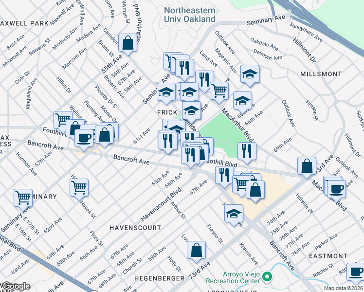 map of restaurants, bars, coffee shops, grocery stores, and more near 6405 Brann Street in Oakland
