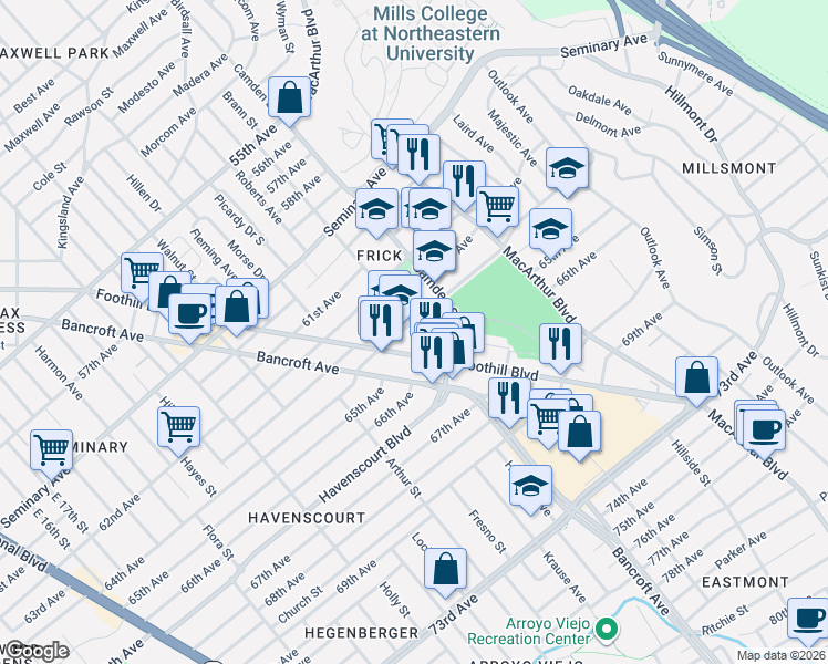 map of restaurants, bars, coffee shops, grocery stores, and more near 6434 Brann Street in Oakland
