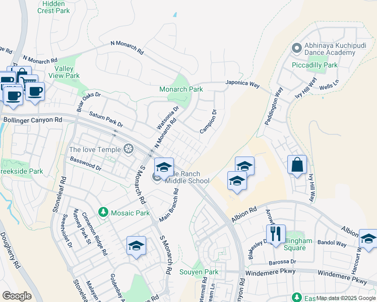 map of restaurants, bars, coffee shops, grocery stores, and more near 3221 Browntail Way in San Ramon
